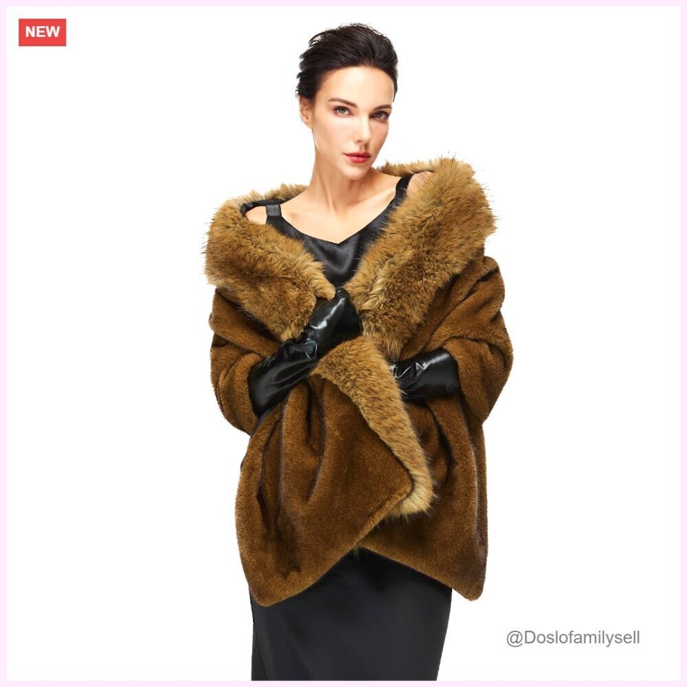 Faux Fur Shawl Wrap with Fox Trim for Evening Dresses Wedding Party